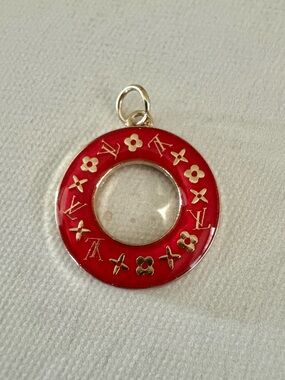 Louis Vuitton LV Red, Gold Circular Pendant Charm, Authentic, Necklace Medallion